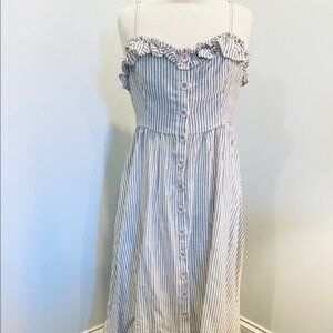 NEW** FRENCH CONNECTION - Button Front Midi Dress - Casual Chic | Stripe Ruffle